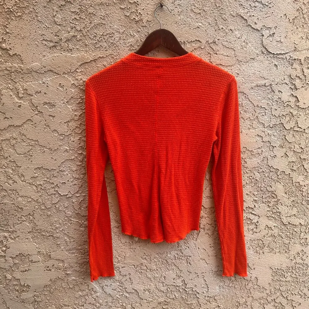 Free People Orange Waffle Knit Henley Top XS Boho Thermal Long Sleeve